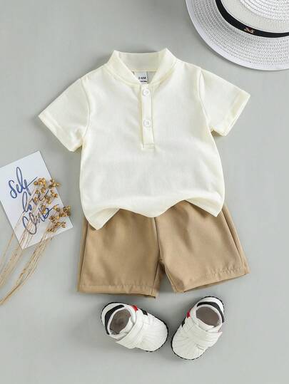 SHEIN Playful Pals مجموعة قميص كم قصير بياقة مندرين أنيقة وبسيطة وبنطلون بلون متباين مناسبة للأطفال الصبية في الصيف، قطعتان