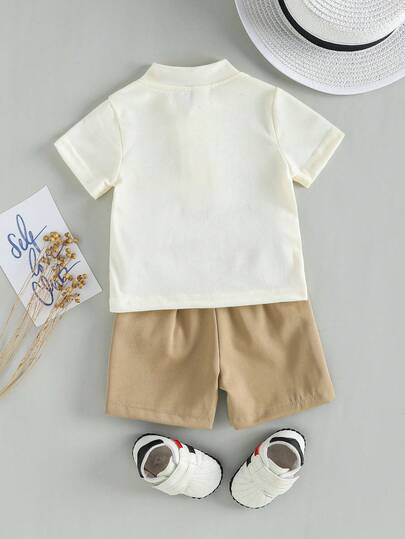 SHEIN Playful Pals مجموعة قميص كم قصير بياقة مندرين أنيقة وبسيطة وبنطلون بلون متباين مناسبة للأطفال الصبية في الصيف، قطعتان