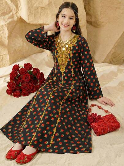 SHEIN فستان كاجوال بسيط للبنات المراهقات بطبعة زهور الورد الفينتاج، مناسب للربيع والصيف، عباءة صلاة، راحة سهلة، ملابس كاجوال، أجواء العطلة، كفتان متواضع، جلابية، هدايا إسلامية، جلابية فتاة مسلمة جميلة، راحة سهلة، أجواء العطلة