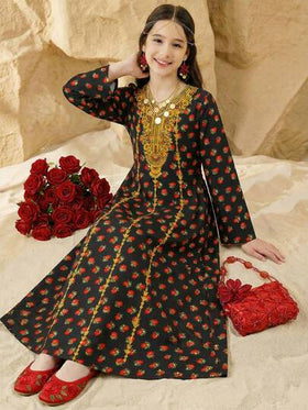 SHEIN فستان كاجوال بسيط للبنات المراهقات بطبعة زهور الورد الفينتاج، مناسب للربيع والصيف، عباءة صلاة، راحة سهلة، ملابس كاجوال، أجواء العطلة، كفتان متواضع، جلابية، هدايا إسلامية، جلابية فتاة مسلمة جميلة، راحة سهلة، أجواء العطلة