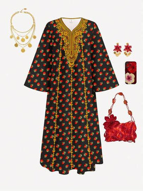 SHEIN فستان كاجوال بسيط للبنات المراهقات بطبعة زهور الورد الفينتاج، مناسب للربيع والصيف، عباءة صلاة، راحة سهلة، ملابس كاجوال، أجواء العطلة، كفتان متواضع، جلابية، هدايا إسلامية، جلابية فتاة مسلمة جميلة، راحة سهلة، أجواء العطلة