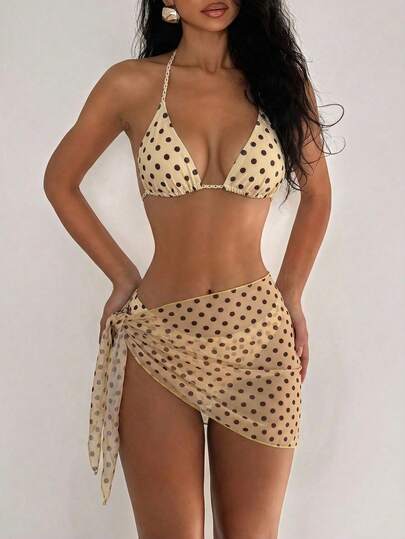 Swim Mod مجموعة بيكيني نسائية مكونة من 3 قطع بطبعة نقاط، قطعة علوية بربطة خلفية، مناسبة للشاطئ والعطلات الصيفية، ملابس الربيع والكرنفال 2026، بيكيني مع تنورة، مجموعة ملابس سباحة أنيقة وكاجوال