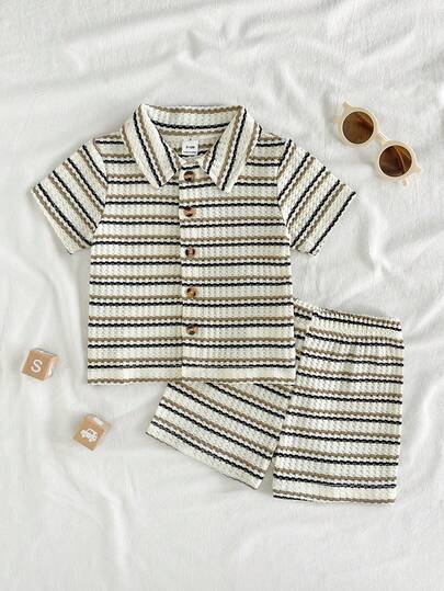 SHEIN Vintaside Kids ملابس أطفال حديثي الولادة إلى عام واحد، بلوزة كم قصير وشورت بلون المشمش، قماش ذو ملمس مناسب لارتداء الأطفال في الصيف، يضيف ملمسًا وجودة إلى الملابس