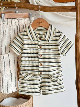 SHEIN Vintaside Kids ملابس أطفال حديثي الولادة إلى عام واحد، بلوزة كم قصير وشورت بلون المشمش، قماش ذو ملمس مناسب لارتداء الأطفال في الصيف، يضيف ملمسًا وجودة إلى الملابس