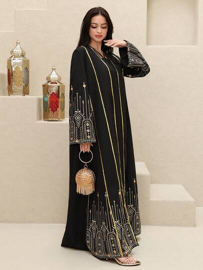 Al Najma رمضان عباءة نسائية ذات نمط كلاسيكي مزخرف بالخرز