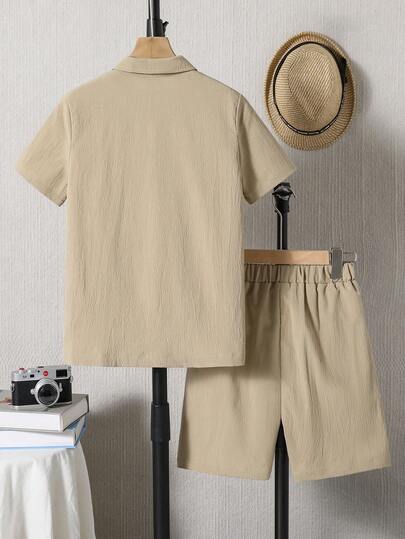SHEIN مجموعة قميص وشورت صيفية عادية للأولاد المراهقين بلون أحادي وملمس نسيجي، 2 قطعة