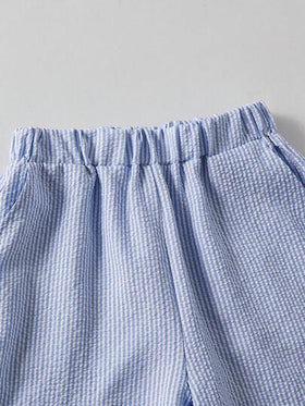 Vacaura مجموعة قميص مخطط ملمس ذو ياقة مع شورت مخطط أزرق فاتح وزهري وأصفر مناسبة للمدرسة والعطلات الصيفية، قطعتان