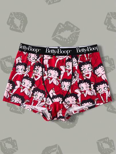 Betty Boop x SHEIN سروال قصير نسائي مطبوع بالكامل بشريط حرفي، بخياطة تباين الخصر