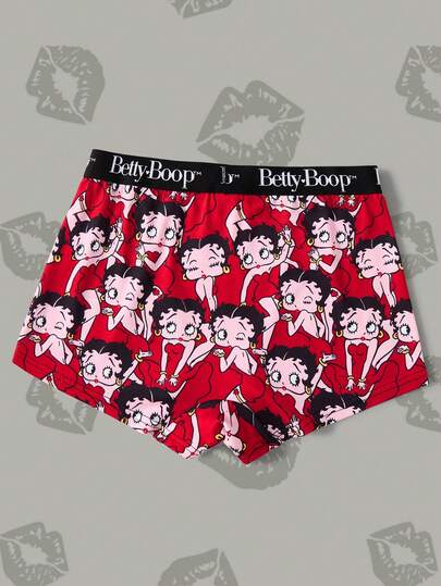 Betty Boop x SHEIN سروال قصير نسائي مطبوع بالكامل بشريط حرفي، بخياطة تباين الخصر
