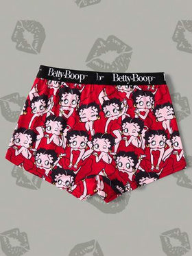 Betty Boop x SHEIN سروال قصير نسائي مطبوع بالكامل بشريط حرفي، بخياطة تباين الخصر