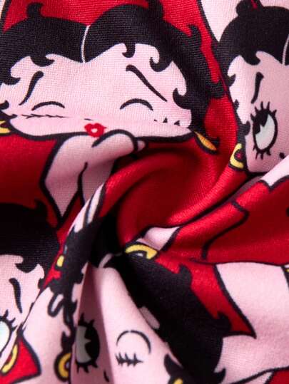 Betty Boop x SHEIN سروال قصير نسائي مطبوع بالكامل بشريط حرفي، بخياطة تباين الخصر