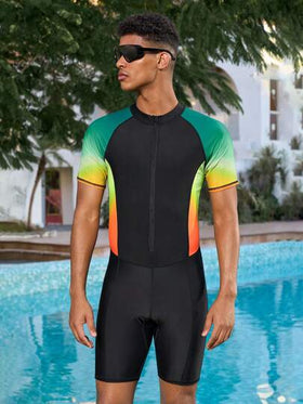 Manfinity Swimmode بدلة سباحة قصيرة الأكمام ذات لون أومبير للرجال