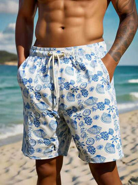 Manfinity Swimmode شورت شاطئ فضفاض بخصر رباط وجيوب مائلة، بطبعة كائنات بحرية على الجميع، لأسلوب الإجازات الصيفية الكاجوال للرجال