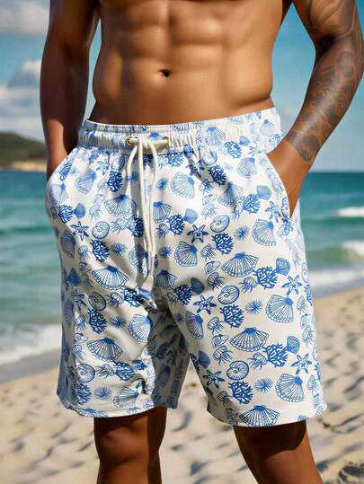 Manfinity Swimmode شورت شاطئ فضفاض بخصر رباط وجيوب مائلة، بطبعة كائنات بحرية على الجميع، لأسلوب الإجازات الصيفية الكاجوال للرجال