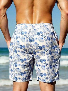 Manfinity Swimmode شورت شاطئ فضفاض بخصر رباط وجيوب مائلة، بطبعة كائنات بحرية على الجميع، لأسلوب الإجازات الصيفية الكاجوال للرجال