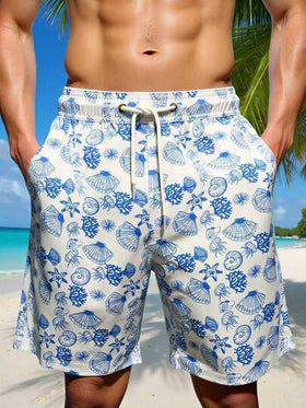 Manfinity Swimmode شورت شاطئ فضفاض بخصر رباط وجيوب مائلة، بطبعة كائنات بحرية على الجميع، لأسلوب الإجازات الصيفية الكاجوال للرجال