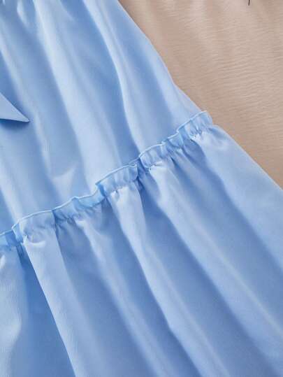 SHEIN فستان قصير الأكمام مزين بأزرار ياقة، قطع ملونة، نسيج جاكار على الحافة