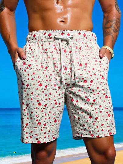 Manfinity Swimmode شورت كاجوال بطبعة زهرية وخصر مطاطي وجيوب للرجال