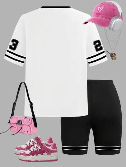 SHEIN Sparklyn طقم ملابس صيفي للفتيات المراهقات، تي شيرت فضفاض بياقة دائرية وألوان متباينة مع شورت ضيق مصنوع من الجيرسيه، بتصميم أبيض وأسود، موضة الشارع الصيفية