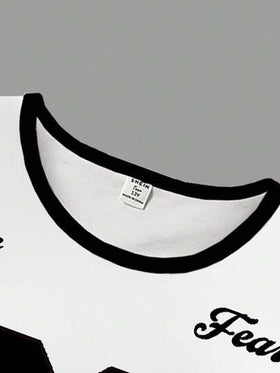 SHEIN Sparklyn طقم ملابس صيفي للفتيات المراهقات، تي شيرت فضفاض بياقة دائرية وألوان متباينة مع شورت ضيق مصنوع من الجيرسيه، بتصميم أبيض وأسود، موضة الشارع الصيفية
