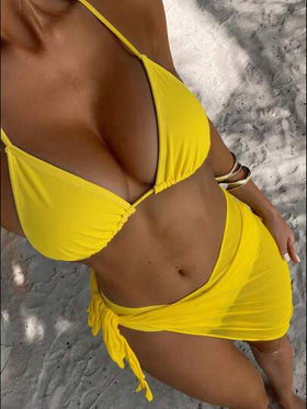 Swim Vcay بكيني مطبوع بنقشة الأزهار باللون الأصفر، طقم ملابس سباحة للنساء، 3 قطع