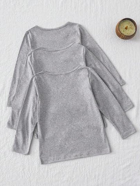 SHEIN بلوزة بناتية بأكمام طويلة وياقة دائرية قصيرة وفضفاضة، باللون الأسود/الأبيض/الرمادي الكلاسيكي، مريحة وأنيقة، مناسبة للسفر والربيع والخريف
