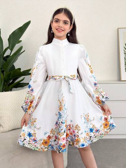 SHEIN فستان أنيق بطبعة زهرية مع طوق للفتيات المراهقات، موضة أنيقة للربيع والصيف، مناسب للعطلات العائلية والمناسبات الرسمية والأعياد والحفلات والاستخدام اليومي والمناسبات العائلية، متناسق مع الأم والابنة والأخوات، عيد الحب