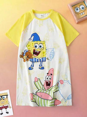 SpongeBob SquarePants | SHEIN بيجامة صيفية فضفاضة بأكمام قصيرة وطبعات كرتونية جميلة ملونة للفتيات المراهقات