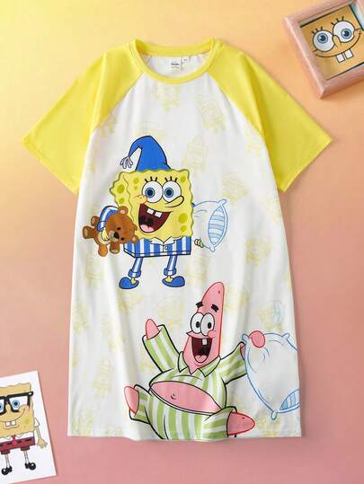 SpongeBob SquarePants | SHEIN بيجامة صيفية فضفاضة بأكمام قصيرة وطبعات كرتونية جميلة ملونة للفتيات المراهقات