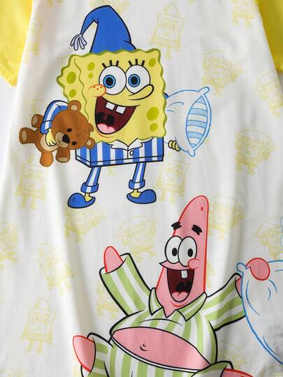 SpongeBob SquarePants | SHEIN بيجامة صيفية فضفاضة بأكمام قصيرة وطبعات كرتونية جميلة ملونة للفتيات المراهقات