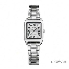 Casio ساعة كاسيو للنساء بتصميم مربع بعقارب الكوارتز LTP-V007D-7B، حالة معدنية رفيعة 7.5 مم، سوار من الفولاذ المقاوم للصدأ، عقارب بأرقام رومانية، مرآة زجاج معدني وإبزيم قابل للطي - ساعة فستان أنيقة عتيقة للاستخدام اليومي/المكتبي