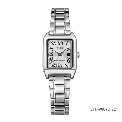 Casio ساعة كاسيو للنساء بتصميم مربع بعقارب الكوارتز LTP-V007D-7B، حالة معدنية رفيعة 7.5 مم، سوار من الفولاذ المقاوم للصدأ، عقارب بأرقام رومانية، مرآة زجاج معدني وإبزيم قابل للطي - ساعة فستان أنيقة عتيقة للاستخدام اليومي/المكتبي