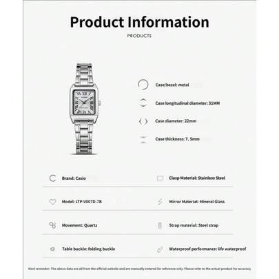 Casio ساعة كاسيو للنساء بتصميم مربع بعقارب الكوارتز LTP-V007D-7B، حالة معدنية رفيعة 7.5 مم، سوار من الفولاذ المقاوم للصدأ، عقارب بأرقام رومانية، مرآة زجاج معدني وإبزيم قابل للطي - ساعة فستان أنيقة عتيقة للاستخدام اليومي/المكتبي