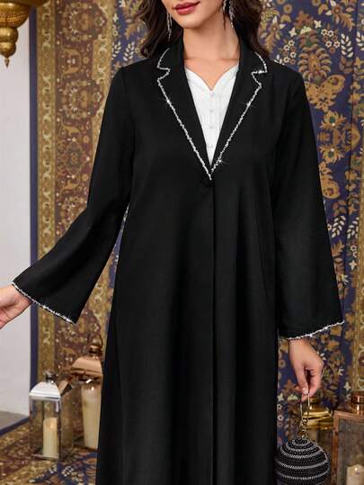Al Najma رمضان بليزر أسود بأكمام طويلة بقصة فضفاضة مزين بالماس الفاخر، أنيق للارتداء اليومي