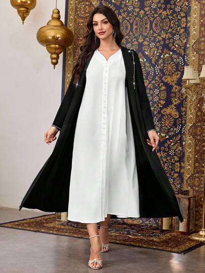 Al Najma رمضان بليزر أسود بأكمام طويلة بقصة فضفاضة مزين بالماس الفاخر، أنيق للارتداء اليومي