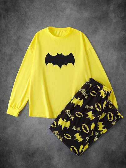 BATMAN X SHEIN بيجامة رجالية مريحة مكونة من تي شيرت بأكمام طويلة وبطبعة الخفافيش وبنطلون، للخريف