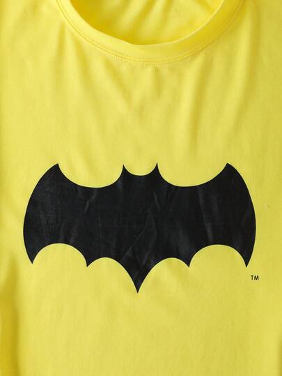 BATMAN X SHEIN بيجامة رجالية مريحة مكونة من تي شيرت بأكمام طويلة وبطبعة الخفافيش وبنطلون، للخريف