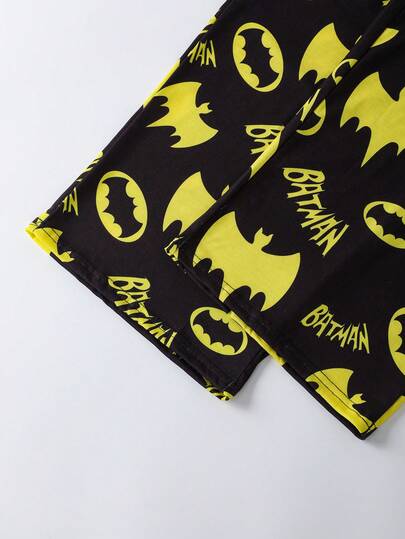 BATMAN X SHEIN بيجامة رجالية مريحة مكونة من تي شيرت بأكمام طويلة وبطبعة الخفافيش وبنطلون، للخريف