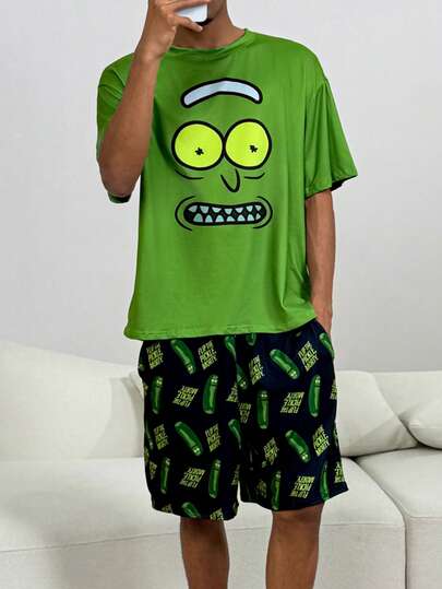 Rick and Morty X SHEIN طقم ملابس علوية رقبة طاقم كرتونية وشورت أسود، ملابس منزلية صيفية عادية للرجال