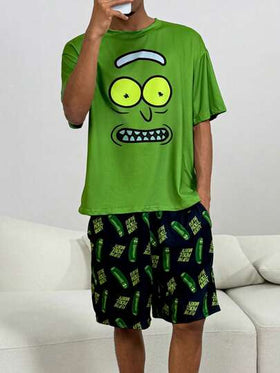 Rick and Morty X SHEIN طقم ملابس علوية رقبة طاقم كرتونية وشورت أسود، ملابس منزلية صيفية عادية للرجال