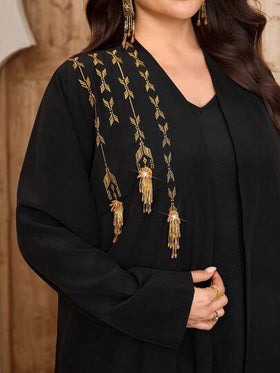 Al Najma عباية نسائية كاجوال طويلة الأكمام بياقة على شكل حرف V مزينة بالشراريب، مناسبة للاستخدام اليومي للمقاسات الكبيرة