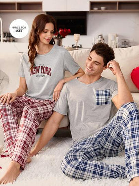 CoupledUp بيجامة رجالية كاجوال بطبعة شريطية زرقاء بياقة على شكل حرف V وأكمام قصيرة