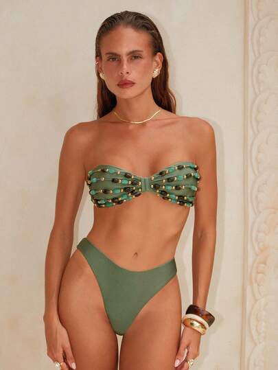 Swim Chiccia مجموعة ملابس سباحة نسائية بلون أحادي، قابلة للتعديل بأشرطة، مزينة بخرز، أنيقة للشاطئ والصيف