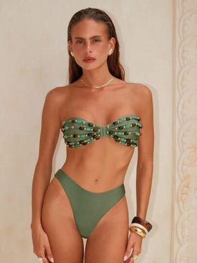 Swim Chiccia مجموعة ملابس سباحة نسائية بلون أحادي، قابلة للتعديل بأشرطة، مزينة بخرز، أنيقة للشاطئ والصيف