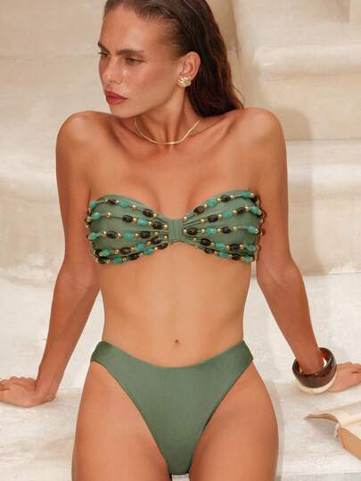 Swim Chiccia مجموعة ملابس سباحة نسائية بلون أحادي، قابلة للتعديل بأشرطة، مزينة بخرز، أنيقة للشاطئ والصيف