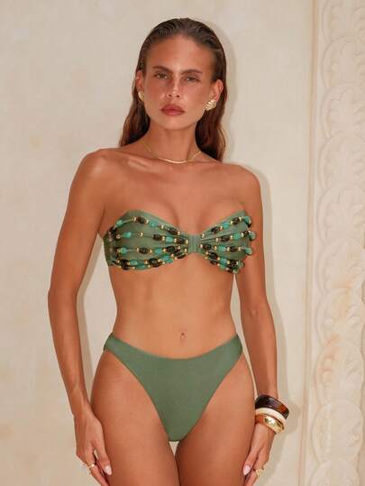 Swim Chiccia مجموعة ملابس سباحة نسائية بلون أحادي، قابلة للتعديل بأشرطة، مزينة بخرز، أنيقة للشاطئ والصيف