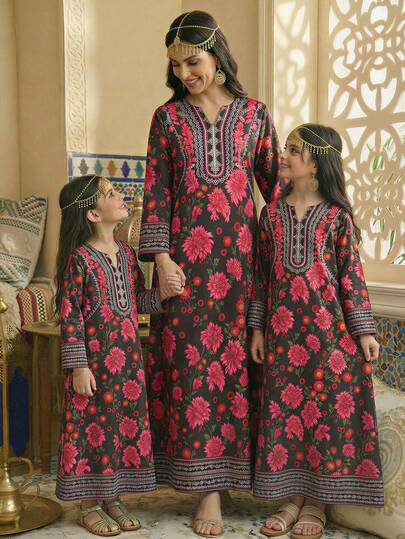 رمضان فستان طويل الأكمام مطبوع بالورود للفتيات المراهقات الأنيق والتقليدي