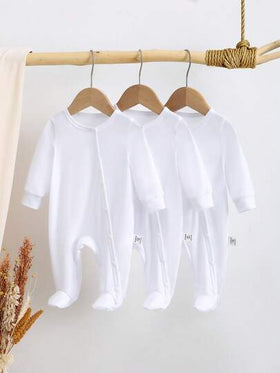 SHEIN Vintaside Kids 3 قطع/مجموعة جمبسوت رضيع حديث الولادة، جمبسوت قطعة واحدة كاملة بأكمام طويلة وأقدام، بيجاما