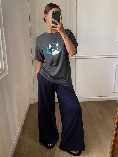 DAZY مجموعة بنطلون وتي شيرت بتصميم قطة فضفاض للنساء، قطعتان