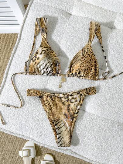 Swim SXY مجموعة ملابس سباحة حفلات 2 قطعة ذات طبعة نمر وملمس معدني، ملابس شاطئ للنساء ذات طبعة حيوانات، بكيني طبعة فهد، بكيني طبعة أفعى، بكيني طبعة نمر، بكيني قطعتين، ملابس علوية بكيني، أسفل بكيني